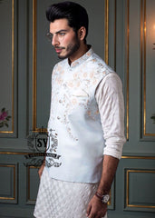 Pale Aqua Floral Embroidered Raw Silk Waistcoat Sydney Australia Evening waistcoat in Pale Aqua Shiny fabric