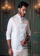 Men's Floral Embroidered Raw Silk Waistcoat Sydney Australia Evening waistcoat in Pale Aqua Shiny fabric