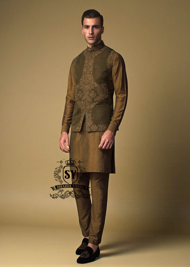 Olive Drab Raw Silk Embroidered Waistcoat Buckinghamshire London UK Luxurious Embroidered Waistcoat