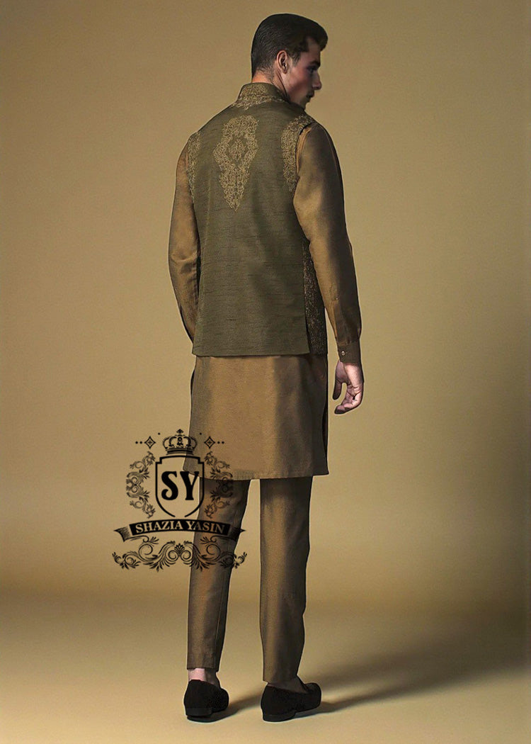 Olive Drab Raw Silk Embroidered Waistcoat Buckinghamshire London UK Luxurious Embroidered Waistcoat