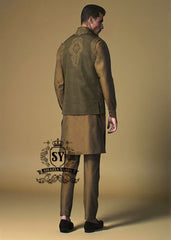 Olive Drab Raw Silk Embroidered Waistcoat Buckinghamshire London UK Luxurious Embroidered Waistcoat