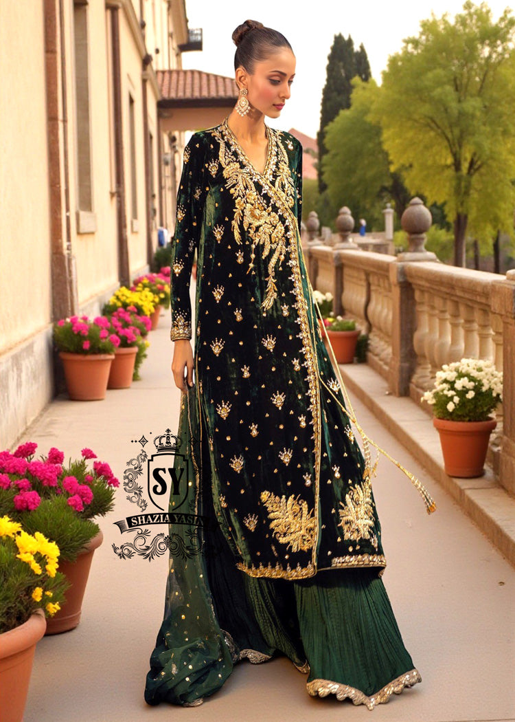 Modern Luxury Pakistani Designer Angrakha Dresses Evening Wear Sacramento California CA USA Crushed Silk Palazzo Pants