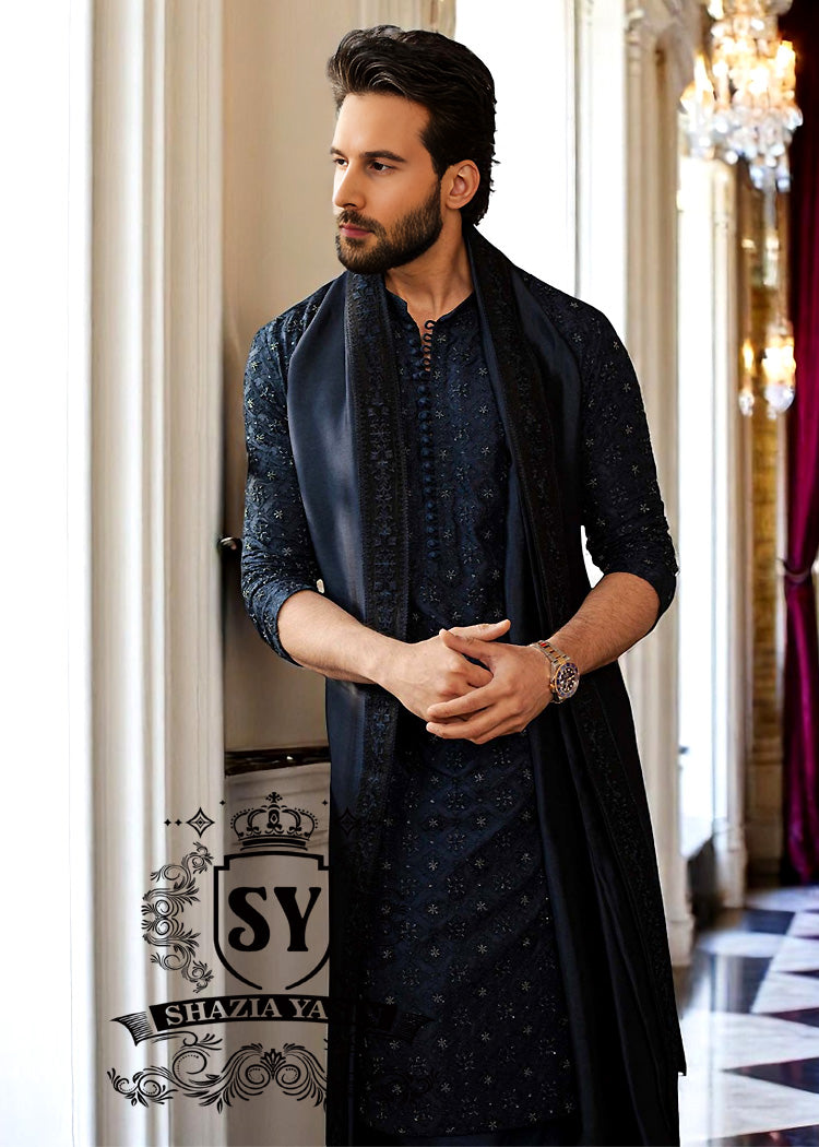 Deep Navy Mens Kurta Shalwar Brampton, Ontario, Canada Embroidered Kurta Shalwar for Mehndi