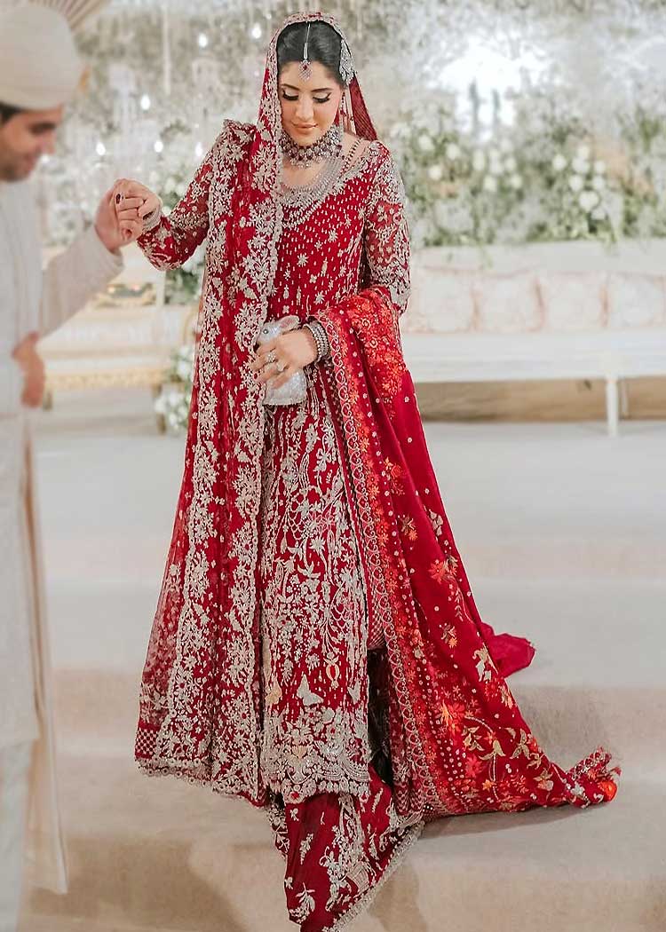 Dark Red Lily Long Shirt and Farshi Lehenga for Nikah Bride