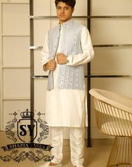 Light Aero Blue Mirror Work Embroidered Waistcoat perfect style to face the festive days