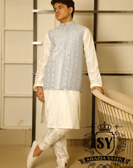 Light Aero Blue Mirror Work Embroidered Waistcoat perfect style to face the festive days