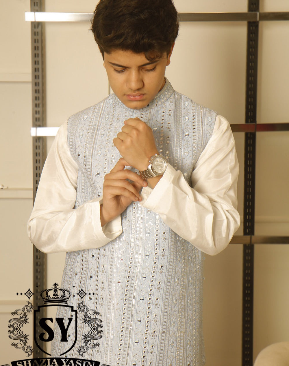 Light Aero Blue Mirror Work Embroidered Waistcoat perfect style to face the festive days