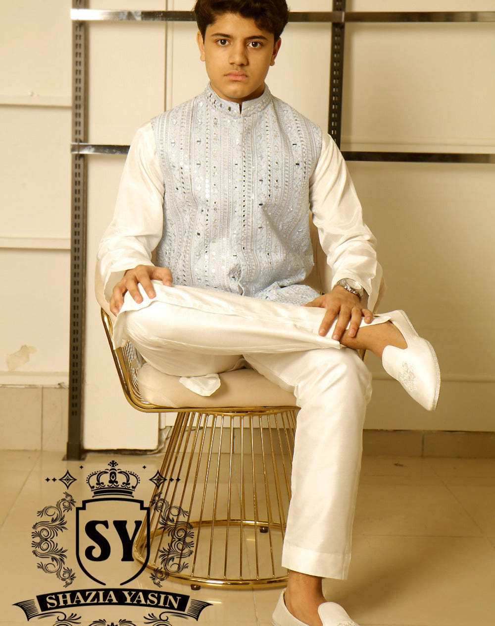 Light Aero Blue Mirror Work Embroidered Waistcoat perfect style to face the festive days