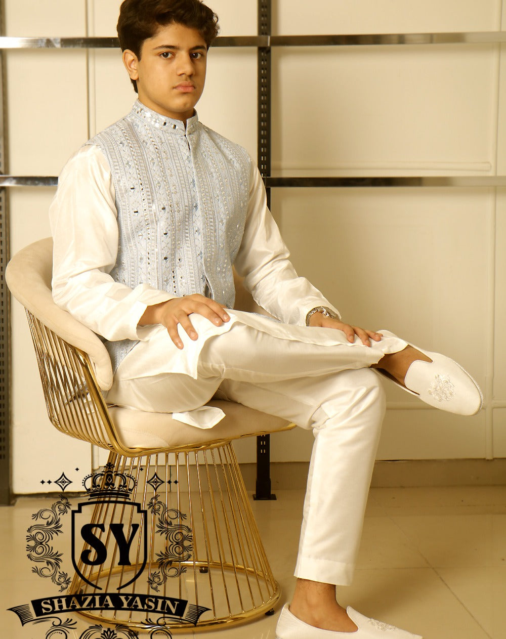 Light Aero Blue Mirror Work Embroidered Waistcoat perfect style to face the festive days