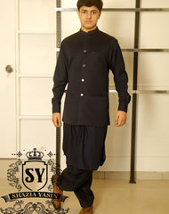 Deep Navy Suiting Fabric Men Traditional Waistcoat Style