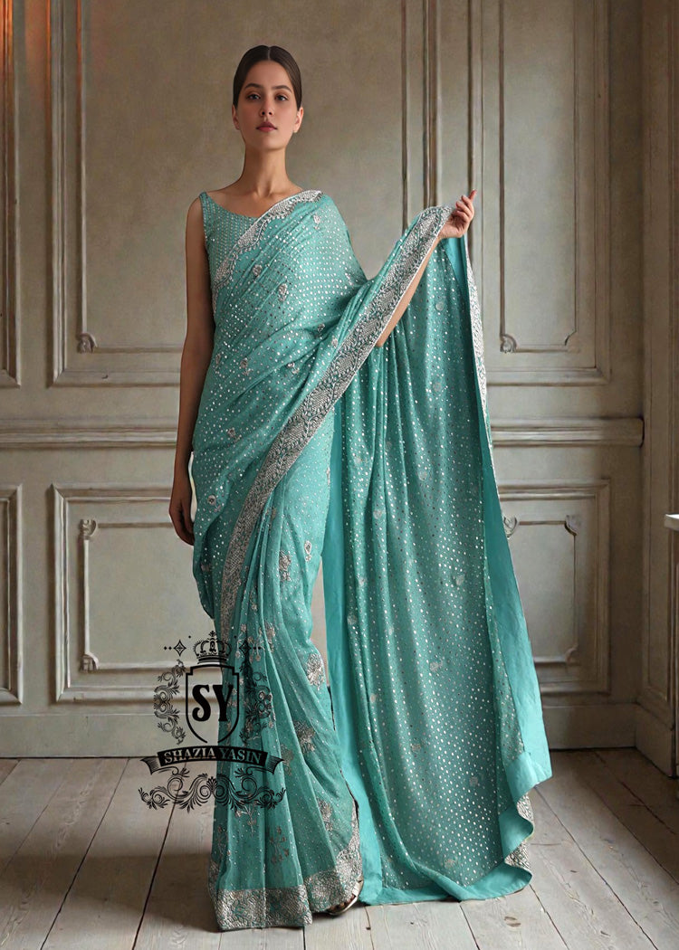 Heavy Bridal Azure Saree for Indian Bridal Wear Buy Indian Designer Saree Online UK, USA, Canada, Australia