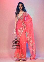 Designer Heavy Geranium Red Saree for Indian Bridal Wear