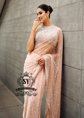 Buy Blush Net Crystalline Embellished Saree With Blouse Online Cocktail Sarees UK, USA, Canada, Australia