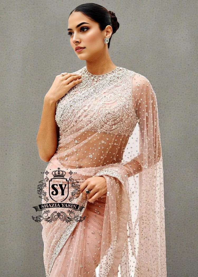 Buy Blush Net Crystalline Embellished Saree With Blouse Online Cocktail Sarees UK, USA, Canada, Australia