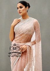 Buy Blush Net Crystalline Embellished Saree With Blouse Online Cocktail Sarees UK, USA, Canada, Australia