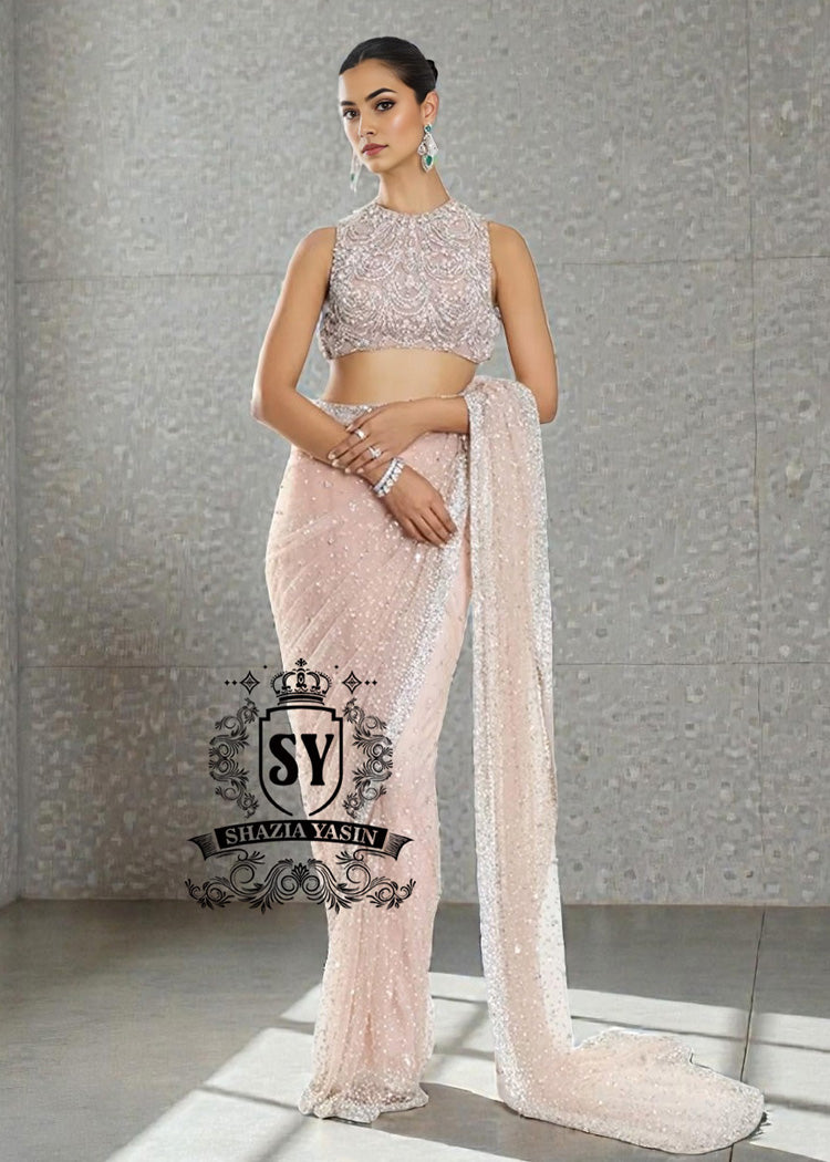 Buy Blush Net Crystalline Embellished Saree With Blouse Online Cocktail Sarees UK, USA, Canada, Australia