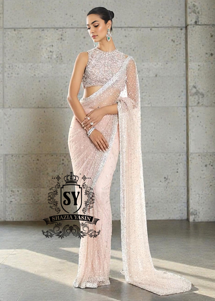 Buy Blush Net Crystalline Embellished Saree With Blouse Online Cocktail Sarees UK, USA, Canada, Australia