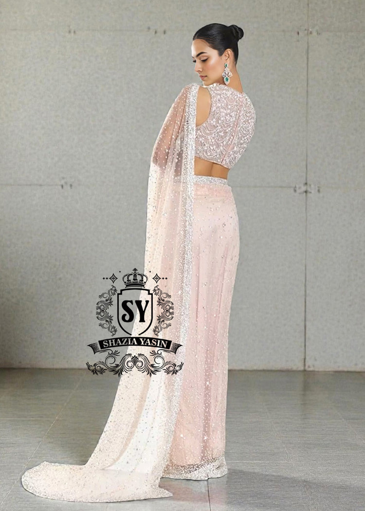 Buy Blush Net Crystalline Embellished Saree With Blouse Online Cocktail Sarees UK, USA, Canada, Australia