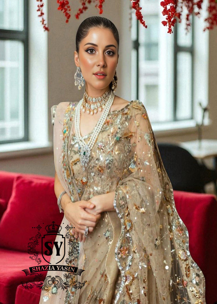 Latest Pakistani Champagne Saree Wedding Dress Online, Saree Designs, Designer Sarees, Saree Collection, buy saree in Pakistan