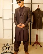A beautiful Merlot blazer with Kameez shalwar suit Notch Lapel collar with embellished logo - Image 4