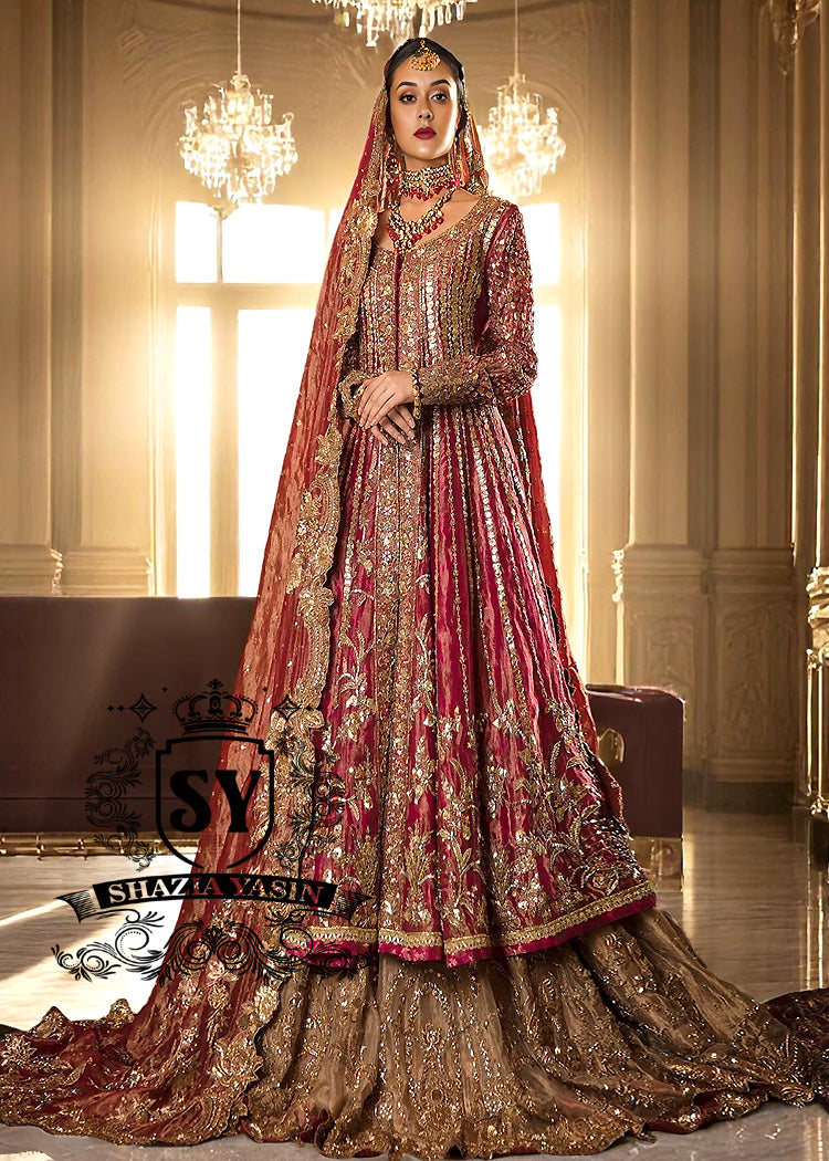 Bridal-Dress-116A Vivid Burgundy Auburn Anarkali and Lehenga - Image 1