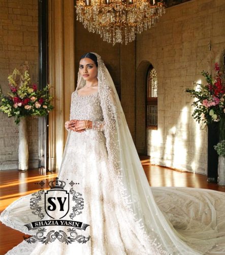 Pakistani Designer Gown with Long Veil USA Baltimore Maryland Off White Gown with Long Veil Pakistan