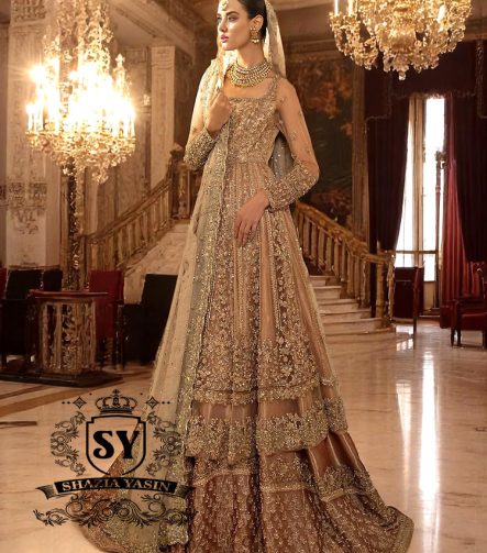 Light Chamoisee Designer Bridal Pishwas and Lehenga Holland Netherlands Stylish Pakistani Bridal Dresses