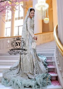 Pakistani Silver Long Tail Wedding Dress Bridal Lehenga Sugar Land Texas Royal Pakistani Bridal Dress