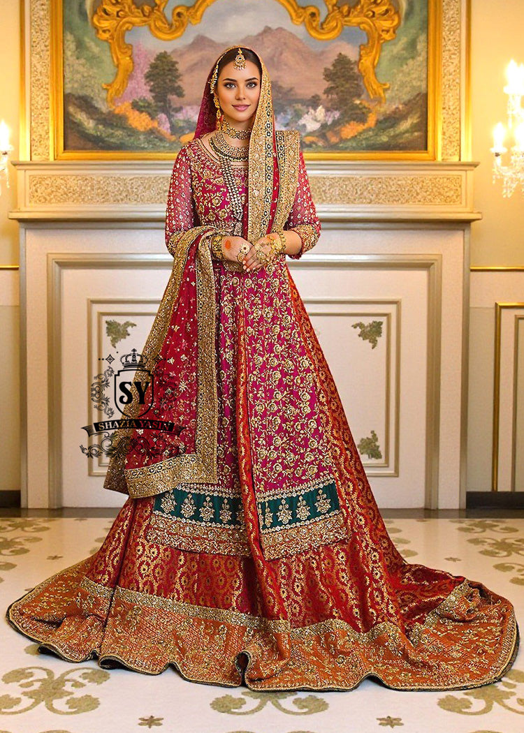 red and gold wedding dress pakistani Charming Long Train Embellished Lehenga strapless dress