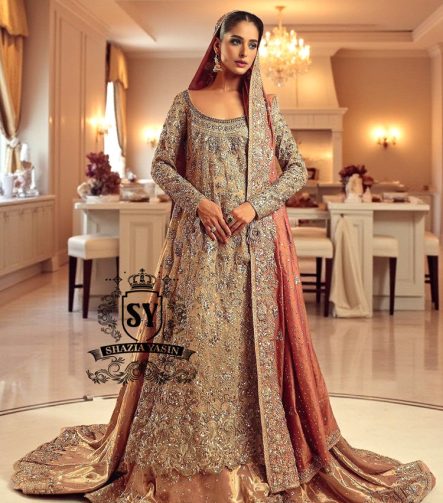 Pakistani Bridal Dress Queen Coral Farshi Lehenga Style Berkeley California USA Long A-Line Shirt Wedding Outfit