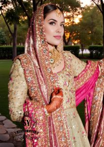 Introducing Bridal Pishwas with lehenga by Shazia Yasin - where royal meets romance, this intricate embellished wedding dress whispers a tale of sophistication.
