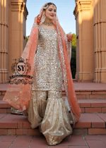 Stepping into forever in this Gharara from the 2026 Bridal Collection. A Divine Gharara dress with delicate Gota lace and a touch of heavenly elegance, perfect for a classic Nikkah ceremony.