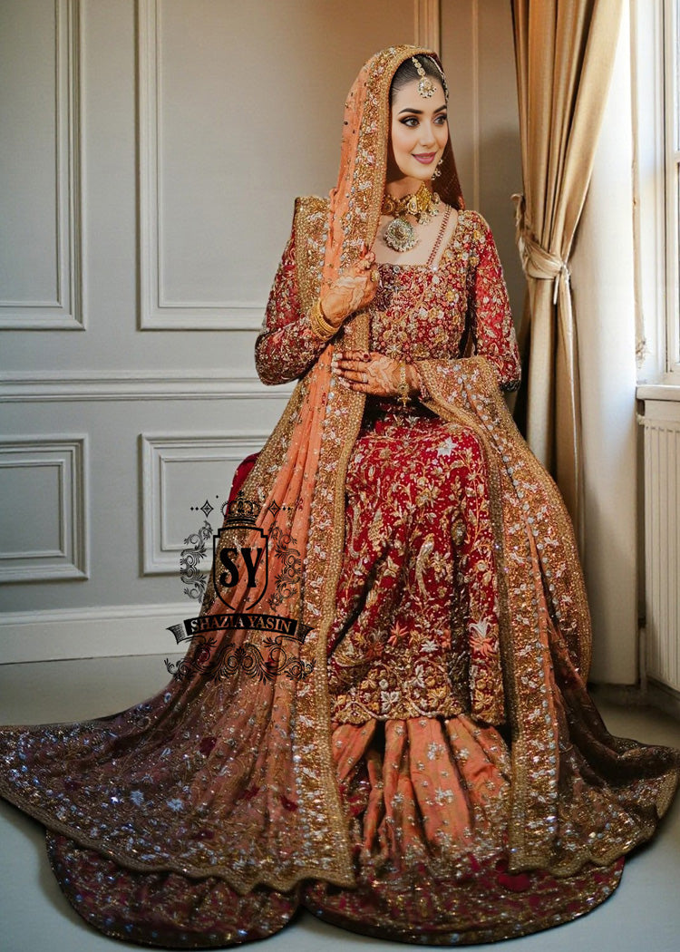 red and gold asian wedding dresses Barn Kameez Lehenga for Pakistani Bridal double slit dress