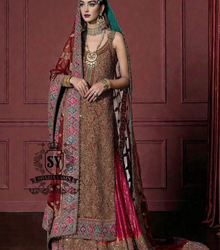 Immerse yourself in the timeless brilliance of a Pakistani couture bridal lehenga. Vibrant traditional hues of red are lightly interwoven with shimmering gold, enveloping the bride in an aura of glamour and grace.