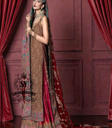 Immerse yourself in the timeless brilliance of a Pakistani couture bridal lehenga. Vibrant traditional hues of red are lightly interwoven with shimmering gold, enveloping the bride in an aura of glamour and grace.