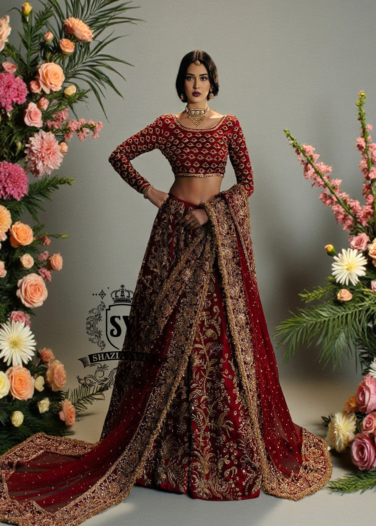 wedding dress pak Pakistani Bridal Lehenga Choli in Deep Maroon Color Farbic order - Choose size:11 yards / 9.9 meters Burgundy Off the Shoulder atf-sm-12.11.24 Party Punjabi suits