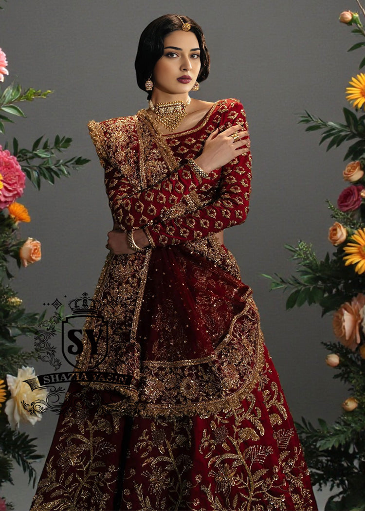 maroon and gold bridal dress Pakistani Lehenga Choli in Deep Color Champagne Wedding Dress