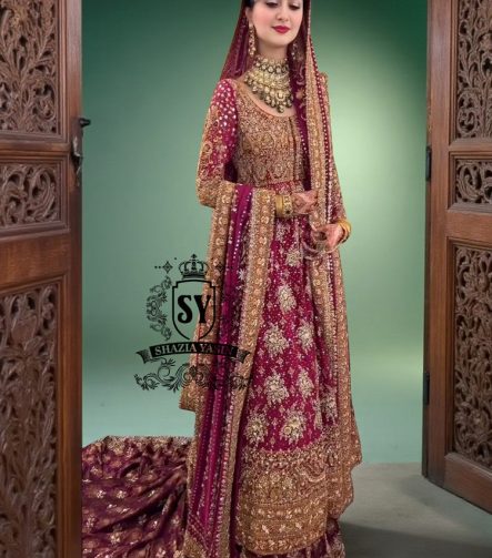 An elegant long Pishwas hand embellished wedding dress designed for the modern bride who wants to truly feel luxury on her wedding day. This dress is ideal for brides searching for a modern wedding dress, farshi bridal lehenga, or a lehenga wedding dress with train.