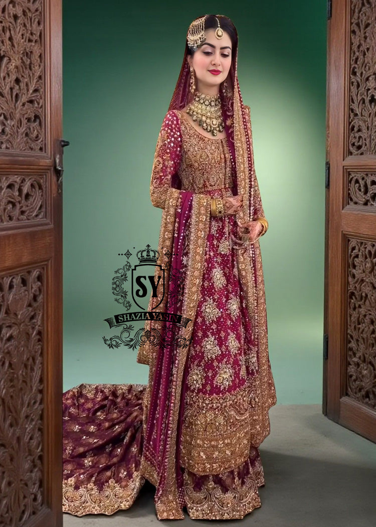 BridalDress203A An elegant long Pishwas hand embellished wedding dress designed for the modern bride who wants to truly feel luxury on her wedding day. This dress is ideal for brides searching for a modern wedding dress, farshi bridal lehenga, or a lehenga wedding dress with train.