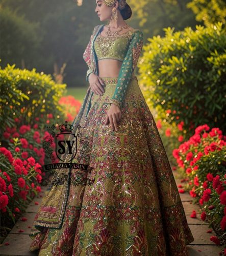 A stunning dark apple green lehenga featuring digital print and luxurious embroidery. The Choli Blouse is hand-applied with intricate floral appliqués, giving it a glamorous look.