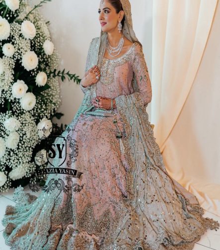You can conquer the world! Exclusive Bridal dress style with perfect Lehenga lines. Underline your status with Fair Pink Wedding dress.