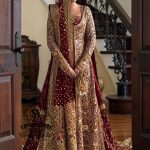 A wedding dress with a long train lehenga embroidered with crystals, created for an unparalleled look for the bride. The delicate embellishments softly sparkles with every movement, while the wedding gown silhouette beautifully highlights her natural elegance.