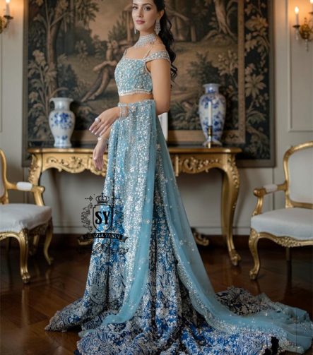 Feel like a queen in this spectacular wedding dress! Every detail, from the shimmering sequins to the delicate embellishments on the Lehenga Choli, is designed for an unforgettable entrance.