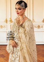 Ivory Hand Embellished wedding dress with sheer sleeves and floral decorations.