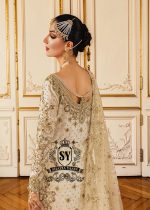 Ivory wedding dress with floral embellished back and pearl details.