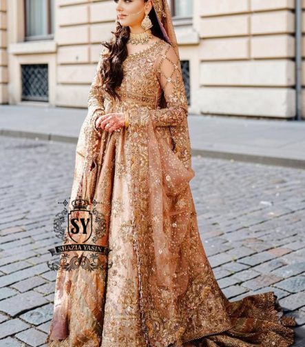 The dreamlike Gown & Lehenga silhouette, Straight out of fairy tale. Undeniably eye-catching, sparkly bridal dress is ideal for the bride seeking romance and glamor. This illuminating element reflects light beautifully adding enchanting details from head to toe.