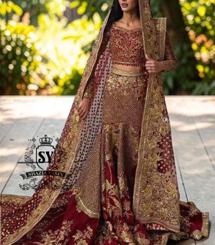 Obsessed with this sweetheart neckline glitter bridal dress. The cathedral train adds the perfect touch of elegance. The delicate shimmer and flattering lehenga silhouette make it a dream for any bride. Perfect for a romantic ceremony or a grand celebration.