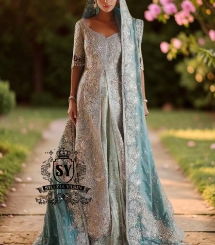 Exquisite bride in Lucky, luxe, flawless bridal dress with a fitted A-line gown & lehenga that flatters beautifully. Incredibly delicate look in the Aero Blue Bridal dress.