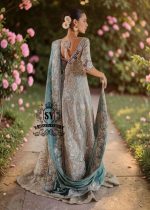 Exquisite bride in Lucky, luxe, flawless bridal dress with a fitted A-line gown & lehenga that flatters beautifully. Incredibly delicate look in the Aero Blue Bridal dress.