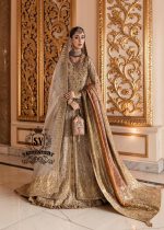 A Pakistani wedding dress is a captivating sight. Let your dreams become your wings in a wedding dress. This rich Beige gold maxi dress is adorned with carefully placed vibrant motifs, each crafted using tilla, kora Dabka, stones, sequins, beads, silk threads and swarovski crystals, and zardozi techniques.